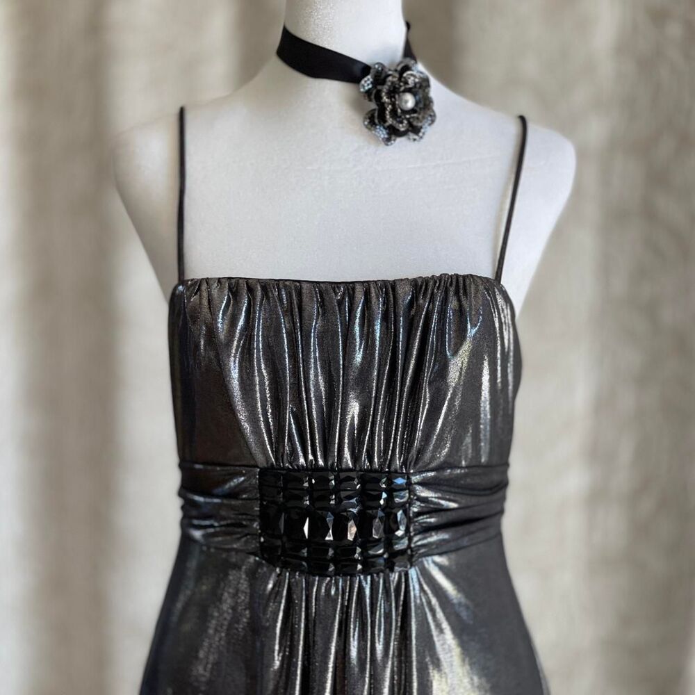 NWT Vintage Y2K Jessica McClintock Metallic Silver Spaghetti Strap Mini Dress 6 - Picture 4 of 8